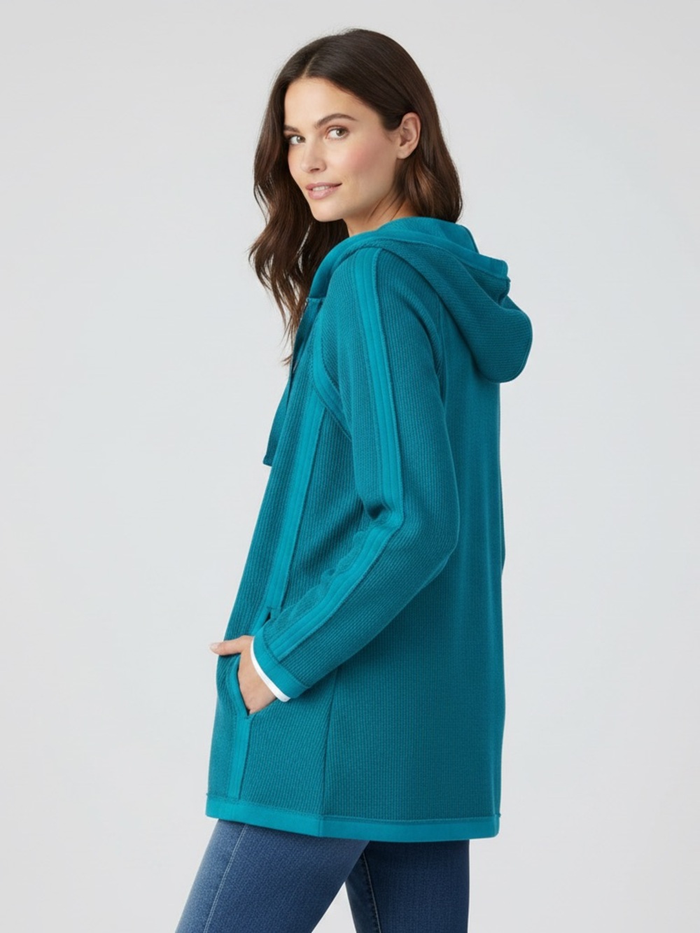 Coldwater Creek Teal Ribbed Full Zip Hoodie Petite Small SP